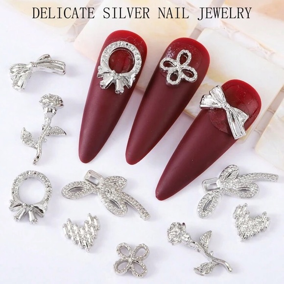 60 Piece 6 Grid Box Nail Jewelry Silver Tulip Bow Rose Heart Nail Rhinestone Kit - Picture 6 of 7